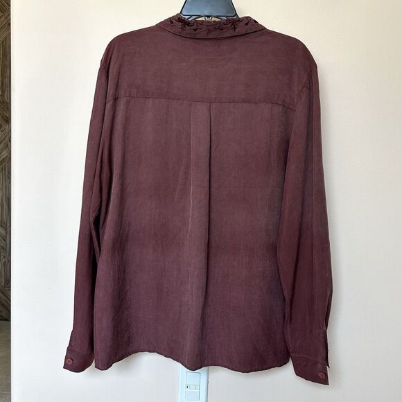 TESS 100% Silk Blouse Lg Long Sleeve Button Up Embroidered Classic Plum - Picture 3 of 5